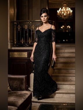 Yoly Munoz Couture Black Illusion Beaded Lace Off The Shoulder Gown‎ Size 8